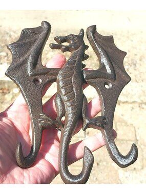 Cast Iron Dragon Triple Wall Hook Key Rack Towel Hanger Rustic Brown Finish